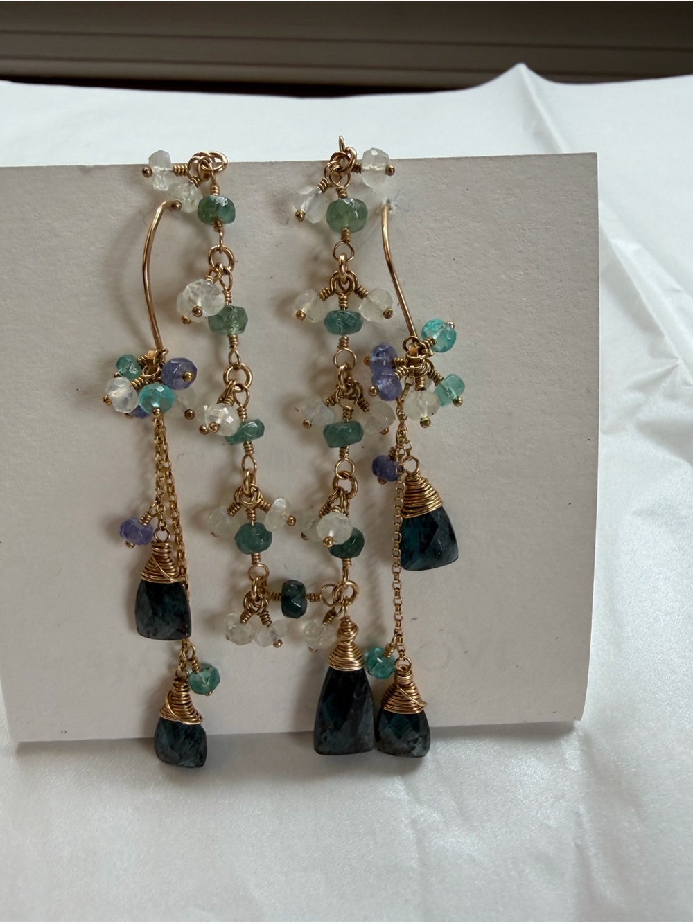 Gold Wire-Wrapped Green & Blue Gemstone Dangle Earrings